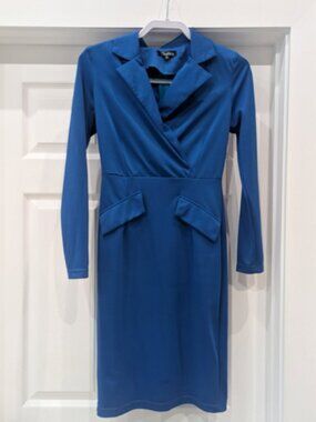 Fashion Blue Faux Wrap Sheath Dress | Size Small | Long Sleeve Office Dress